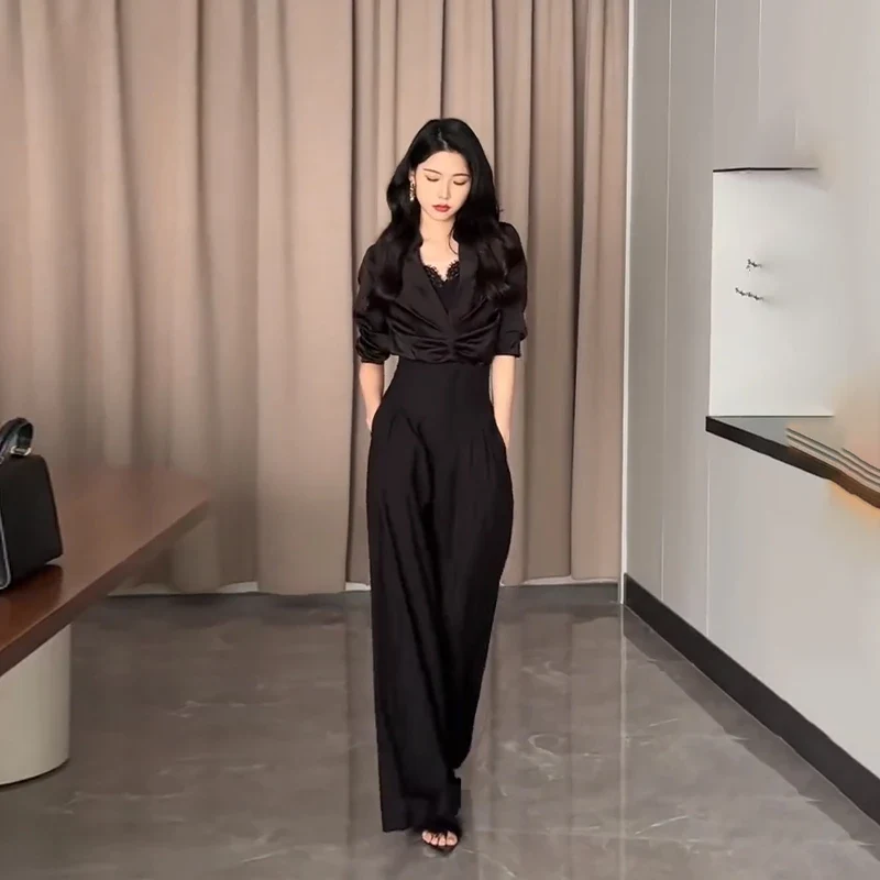 Pantalon taille Ultra haute à jambes larges, droit et tombant, pantalon de costume épais, à pinces noir ou crème – Image 5