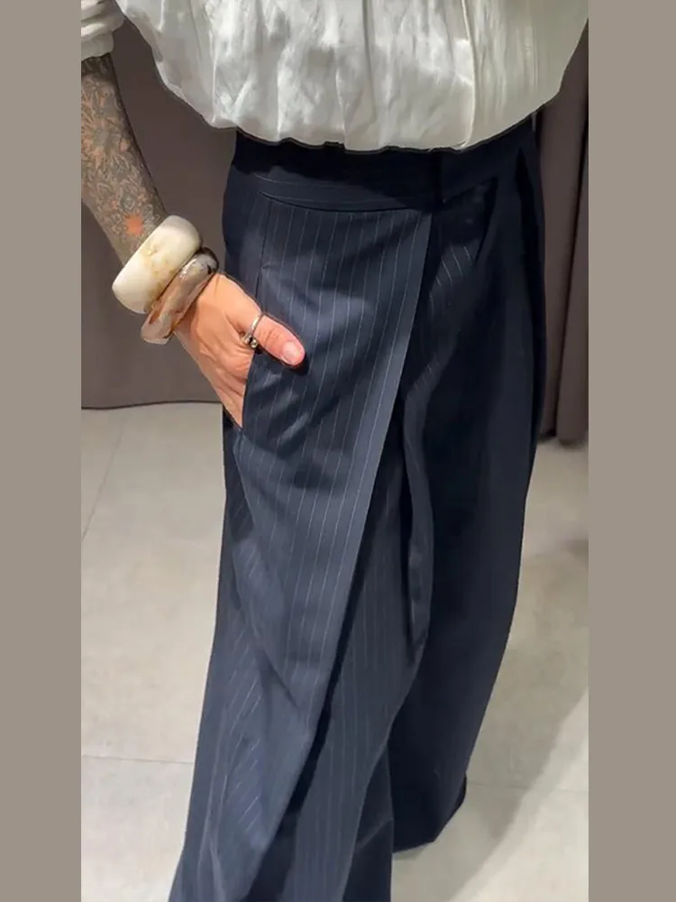 Pantalon ample décontracté à rayures pour femme, taille haute, plissé, droit, long, jambes larges, mode automne-hiver – Image 6
