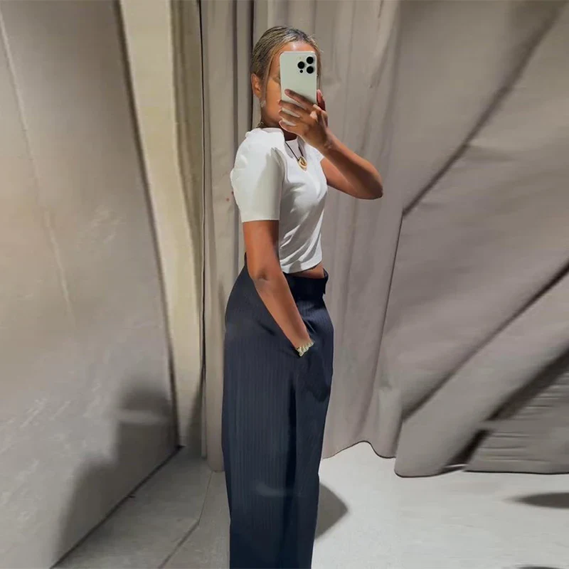 Pantalon ample décontracté à rayures pour femme, taille haute, plissé, droit, long, jambes larges, mode automne-hiver – Image 7