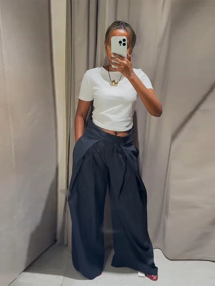 Pantalon ample décontracté à rayures pour femme, taille haute, plissé, droit, long, jambes larges, mode automne-hiver – Image 3