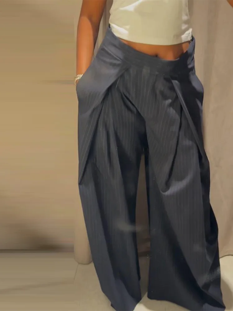 Pantalon ample décontracté à rayures pour femme, taille haute, plissé, droit, long, jambes larges, mode automne-hiver – Image 5